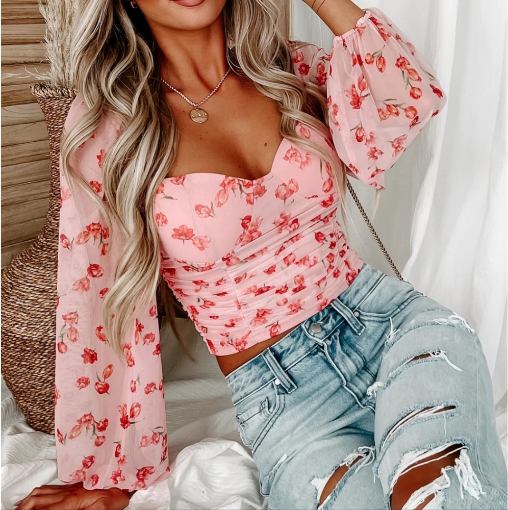 Floral mesh long sleeve top